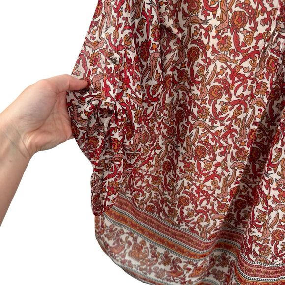 Meadow Rue Anthropologie Orange Floral Roll Tab Sleeve Blouse Boho Womens Large - Picture 6 of 6